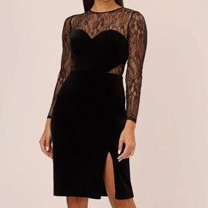 NWT Adrianna Papell Long Sleeve Black Velvet Midi Dress w/ Sheer Lace, Size 2